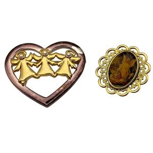 Angel Brooch Set Heart Shape AB Rhinestone Filigree Guardian Angel VTG Religious